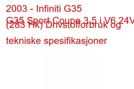 2003 - Infiniti G35
G35 Sport Coupe 3.5 i V6 24V (283 Hk) Drivstofforbruk og tekniske spesifikasjoner