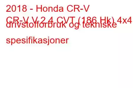 2018 - Honda CR-V
CR-V V 2.4 CVT (186 Hk) 4x4 drivstofforbruk og tekniske spesifikasjoner