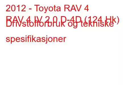 2012 - Toyota RAV 4
RAV 4 IV 2.0 D-4D (124 Hk) Drivstofforbruk og tekniske spesifikasjoner