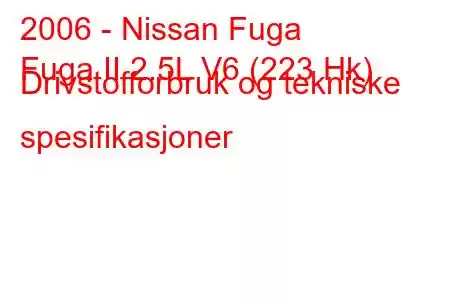 2006 - Nissan Fuga
Fuga II 2.5L V6 (223 Hk) Drivstofforbruk og tekniske spesifikasjoner