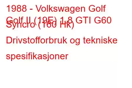 1988 - Volkswagen Golf
Golf II (19E) 1.8 GTI G60 Syncro (160 Hk) Drivstofforbruk og tekniske spesifikasjoner