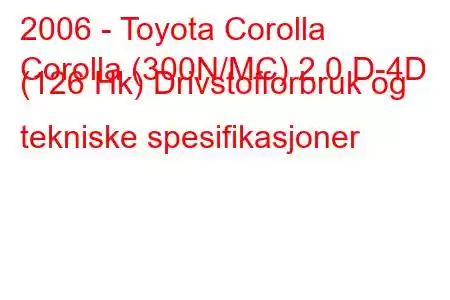 2006 - Toyota Corolla
Corolla (300N/MC) 2.0 D-4D (126 Hk) Drivstofforbruk og tekniske spesifikasjoner