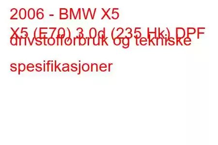 2006 - BMW X5
X5 (E70) 3.0d (235 Hk) DPF drivstofforbruk og tekniske spesifikasjoner