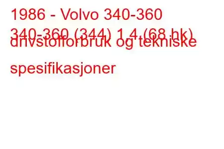 1986 - Volvo 340-360
340-360 (344) 1,4 (68 hk) drivstofforbruk og tekniske spesifikasjoner