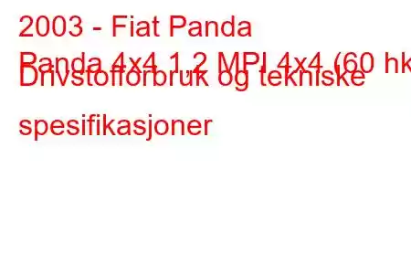 2003 - Fiat Panda
Panda 4x4 1,2 MPI 4x4 (60 hk) Drivstofforbruk og tekniske spesifikasjoner