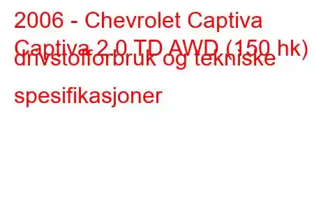 2006 - Chevrolet Captiva
Captiva 2.0 TD AWD (150 hk) drivstofforbruk og tekniske spesifikasjoner