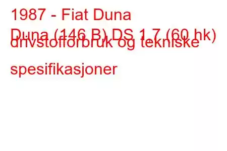 1987 - Fiat Duna
Duna (146 B) DS 1,7 (60 hk) drivstofforbruk og tekniske spesifikasjoner