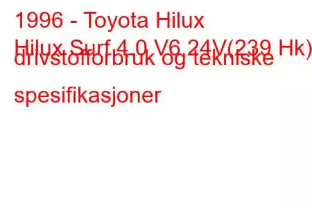 1996 - Toyota Hilux
Hilux Surf 4.0 V6 24V(239 Hk) drivstofforbruk og tekniske spesifikasjoner