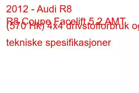 2012 - Audi R8
R8 Coupe Facelift 5.2 AMT (570 Hk) 4x4 drivstofforbruk og tekniske spesifikasjoner