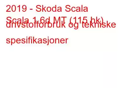 2019 - Skoda Scala
Scala 1.6d MT (115 hk) drivstofforbruk og tekniske spesifikasjoner