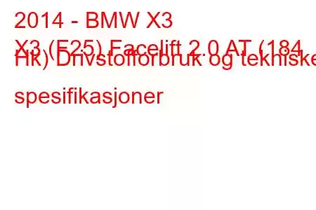 2014 - BMW X3
X3 (F25) Facelift 2.0 AT (184 Hk) Drivstofforbruk og tekniske spesifikasjoner