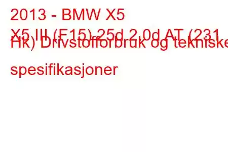 2013 - BMW X5
X5 III (F15) 25d 2.0d AT (231 Hk) Drivstofforbruk og tekniske spesifikasjoner