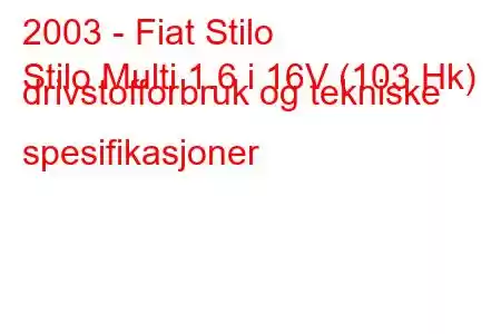 2003 - Fiat Stilo
Stilo Multi 1.6 i 16V (103 Hk) drivstofforbruk og tekniske spesifikasjoner