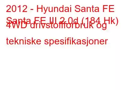 2012 - Hyundai Santa FE
Santa FE III 2.0d (184 Hk) 4WD drivstoffforbruk og tekniske spesifikasjoner