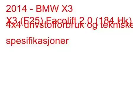 2014 - BMW X3
X3 (F25) Facelift 2.0 (184 Hk) 4x4 drivstofforbruk og tekniske spesifikasjoner