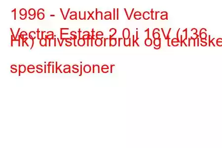 1996 - Vauxhall Vectra
Vectra Estate 2.0 i 16V (136 Hk) drivstofforbruk og tekniske spesifikasjoner