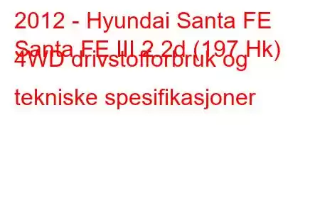 2012 - Hyundai Santa FE
Santa FE III 2.2d (197 Hk) 4WD drivstofforbruk og tekniske spesifikasjoner