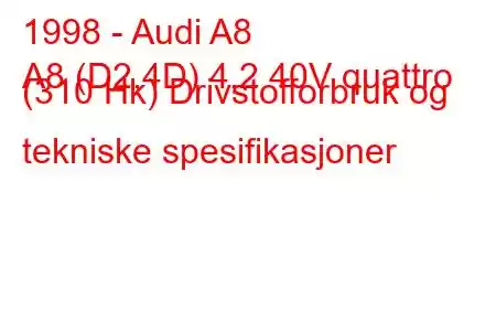 1998 - Audi A8
A8 (D2,4D) 4,2 40V quattro (310 Hk) Drivstofforbruk og tekniske spesifikasjoner