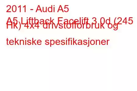 2011 - Audi A5
A5 Liftback Facelift 3.0d (245 Hk) 4x4 drivstofforbruk og tekniske spesifikasjoner