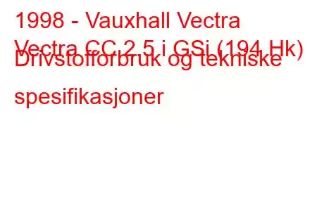 1998 - Vauxhall Vectra
Vectra CC 2.5 i GSi (194 Hk) Drivstofforbruk og tekniske spesifikasjoner