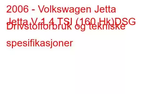 2006 - Volkswagen Jetta
Jetta V 1.4 TSI (160 Hk)DSG Drivstofforbruk og tekniske spesifikasjoner