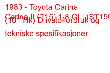 1983 - Toyota Carina
Carina II (T15) 1,8 GLI (ST150) (101 Hk) Drivstofforbruk og tekniske spesifikasjoner