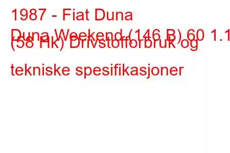 1987 - Fiat Duna
Duna Weekend (146 B) 60 1.1 (58 Hk) Drivstofforbruk og tekniske spesifikasjoner