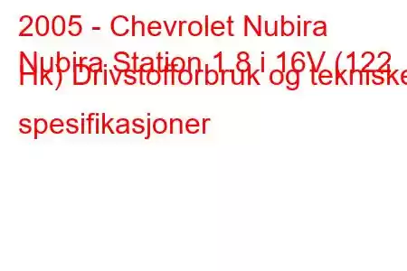 2005 - Chevrolet Nubira
Nubira Station 1.8 i 16V (122 Hk) Drivstofforbruk og tekniske spesifikasjoner