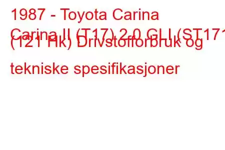 1987 - Toyota Carina
Carina II (T17) 2.0 GLI (ST171) (121 Hk) Drivstofforbruk og tekniske spesifikasjoner