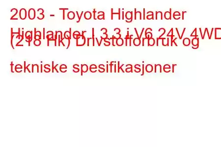 2003 - Toyota Highlander
Highlander I 3.3 i V6 24V 4WD (218 Hk) Drivstofforbruk og tekniske spesifikasjoner