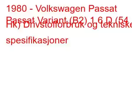 1980 - Volkswagen Passat
Passat Variant (B2) 1,6 D (54 Hk) Drivstofforbruk og tekniske spesifikasjoner