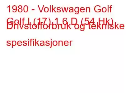 1980 - Volkswagen Golf
Golf I (17) 1,6 D (54 Hk) Drivstofforbruk og tekniske spesifikasjoner