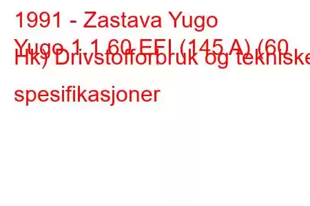 1991 - Zastava Yugo
Yugo 1.1 60 EFI (145 A) (60 Hk) Drivstofforbruk og tekniske spesifikasjoner