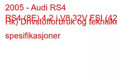 2005 - Audi RS4
RS4 (8E) 4.2 i V8 32V FSI (420 Hk) Drivstofforbruk og tekniske spesifikasjoner