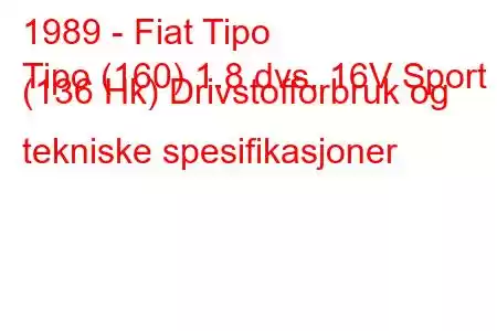 1989 - Fiat Tipo
Tipo (160) 1.8 dvs. 16V Sport (136 Hk) Drivstofforbruk og tekniske spesifikasjoner