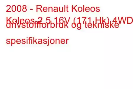 2008 - Renault Koleos
Koleos 2.5 16V (171 Hk) 4WD drivstoffforbruk og tekniske spesifikasjoner