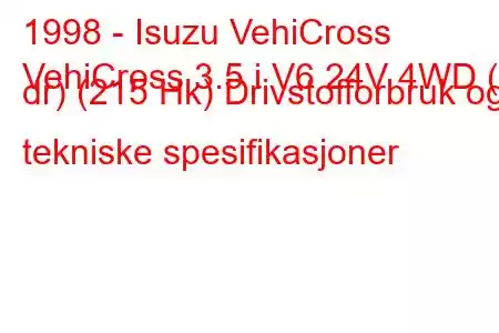 1998 - Isuzu VehiCross
VehiCross 3.5 i V6 24V 4WD (3 dr) (215 Hk) Drivstofforbruk og tekniske spesifikasjoner