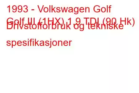 1993 - Volkswagen Golf
Golf III (1HX) 1,9 TDI (90 Hk) Drivstofforbruk og tekniske spesifikasjoner