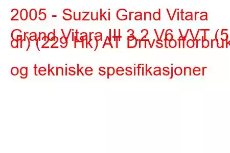 2005 - Suzuki Grand Vitara
Grand Vitara III 3.2 V6 VVT (5 dr) (229 Hk) AT Drivstofforbruk og tekniske spesifikasjoner