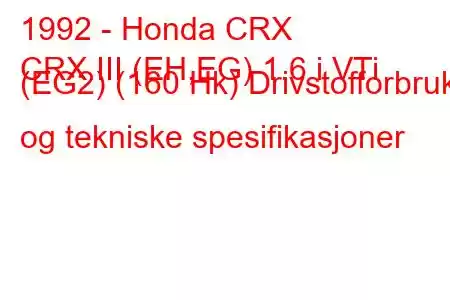 1992 - Honda CRX
CRX III (EH,EG) 1.6 i VTi (EG2) (160 Hk) Drivstofforbruk og tekniske spesifikasjoner