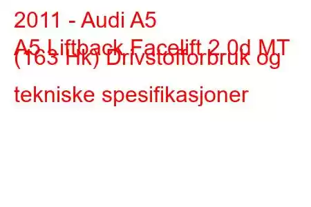 2011 - Audi A5
A5 Liftback Facelift 2.0d MT (163 Hk) Drivstofforbruk og tekniske spesifikasjoner