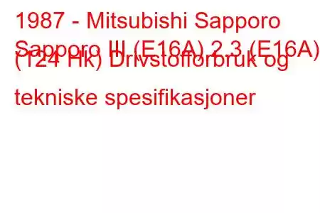 1987 - Mitsubishi Sapporo
Sapporo III (E16A) 2.3 (E16A) (124 Hk) Drivstofforbruk og tekniske spesifikasjoner