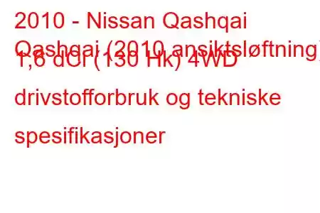 2010 - Nissan Qashqai
Qashqai (2010 ansiktsløftning) 1,6 dCi (130 Hk) 4WD drivstofforbruk og tekniske spesifikasjoner