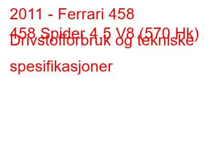 2011 - Ferrari 458
458 Spider 4.5 V8 (570 Hk) Drivstofforbruk og tekniske spesifikasjoner