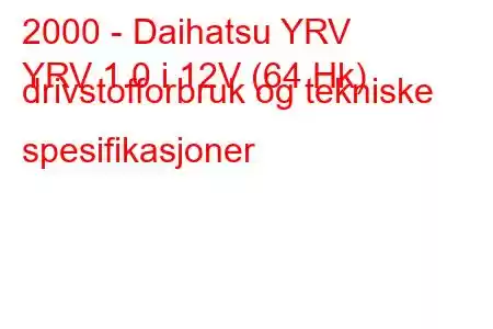 2000 - Daihatsu YRV
YRV 1.0 i 12V (64 Hk) drivstofforbruk og tekniske spesifikasjoner