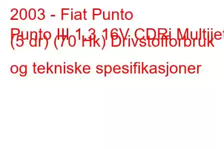 2003 - Fiat Punto
Punto III 1.3 16V CDRi Multijet (5 dr) (70 Hk) Drivstofforbruk og tekniske spesifikasjoner