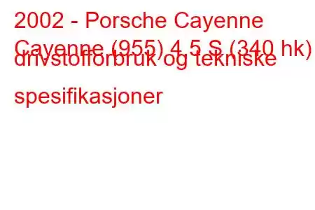 2002 - Porsche Cayenne
Cayenne (955) 4,5 S (340 hk) drivstofforbruk og tekniske spesifikasjoner