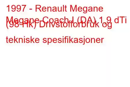 1997 - Renault Megane
Megane Coach I (DA) 1,9 dTi (98 Hk) Drivstofforbruk og tekniske spesifikasjoner