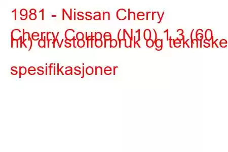 1981 - Nissan Cherry
Cherry Coupe (N10) 1,3 (60 hk) drivstofforbruk og tekniske spesifikasjoner