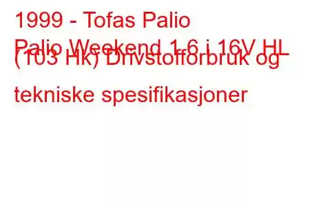 1999 - Tofas Palio
Palio Weekend 1.6 i 16V HL (103 Hk) Drivstofforbruk og tekniske spesifikasjoner